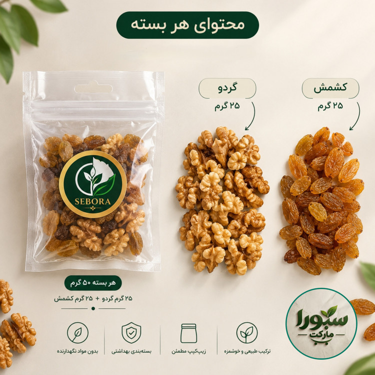 پک ۱۵ عددی گردو و کشمش سبورا مارکت + هدیه لواشک